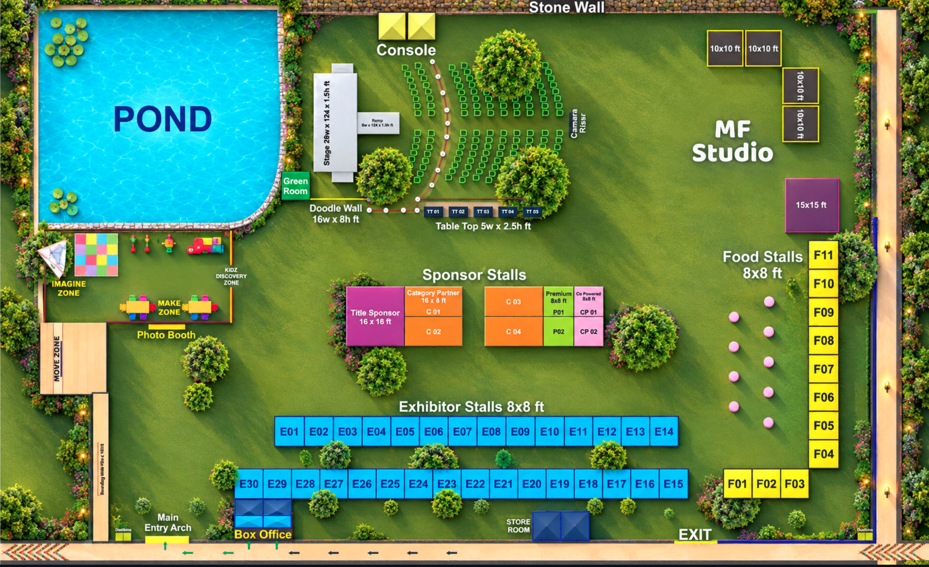 Illustrated MommyFest layout showing the pond, stages, activity areas, stalls, entry and exit
